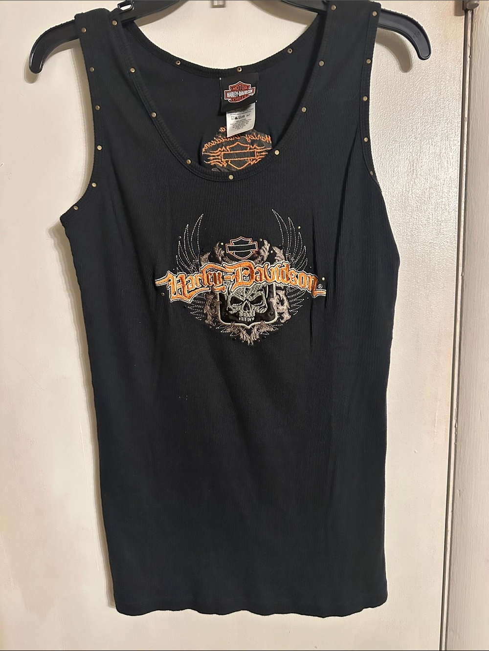 Harley-Davidson Black Tank Top with Orange & Silver Skull Graphic